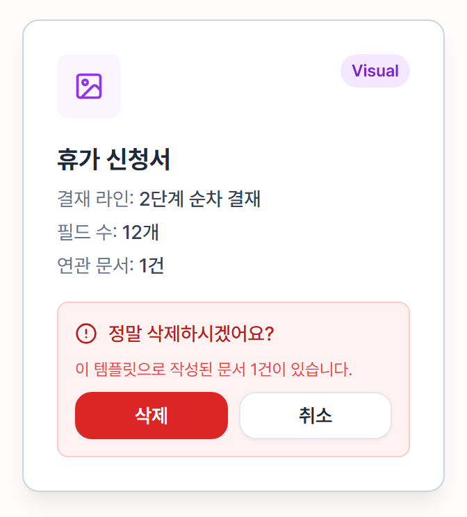 연관 문서가 있는 템플릿의 삭제 확인